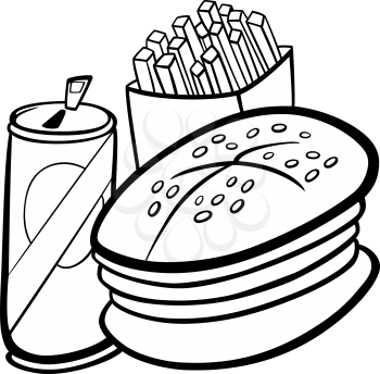 Black and White Cartoon Illustration of Fast Food Set with Hamburger and French Fries and Soda Clip Art for Coloring Book