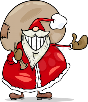 Cartoon Illustration of Funny Santa Claus Character with Sack Full of Christmas Presents and Gifts