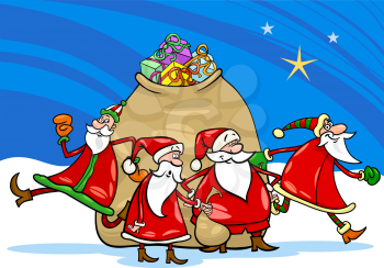 Cartoon Illustration of Santa Claus Group Christmas Characters with Big Sack of Gifts