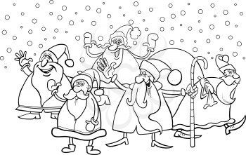 Black and White Cartoon Illustration of Santa Claus Characters Group at Christmas Eve for Coloring Book