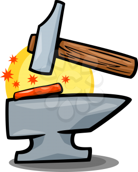 Cartoon Illustration of Smith Hammer Tool and Anvil with Red Hot Iron Clip Art