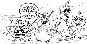 Black and White Cartoon Illustration of Fantasy Monsters or Halloween Frights Group for Coloring Book