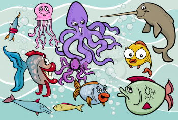 Cartoon Illustrations of Funny Sea Life Animals and Fish Mascot Characters Group for Children
