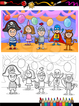 Royalty Free Clipart Image of a Child's Costume Party in Colour and Black and White