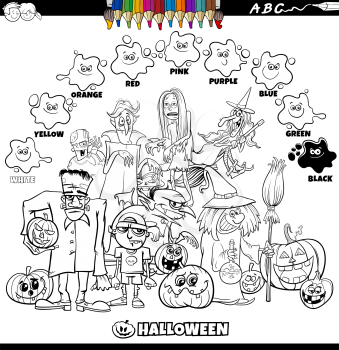 Black and white educational cartoon illustration of basic colors with Halloween holiday characters group coloring book page