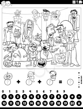 Black and white cartoon illustration of educational mathematical counting and addition game for children with scary Halloween characters coloring book page