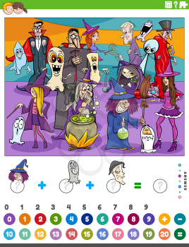 Cartoon illustration of educational mathematical counting and addition game for children with spooky Halloween characters