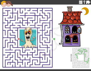 Cartoon illustration of educational maze puzzle game with ghost and haunted house characters