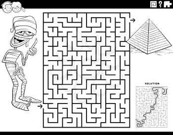 Black and white cartoon illustration of educational maze puzzle game for children with mummy character and pyramid coloring book page