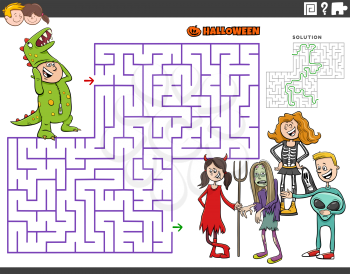 Cartoon illustration of educational maze puzzle game with children at the Halloween party