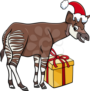 Cartoon illustration of okapi animal character with present on Christmas time