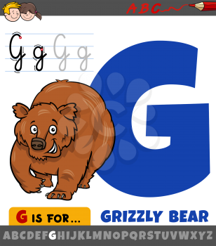 Educational cartoon illustration of letter G from alphabet with grizzly bear animal character