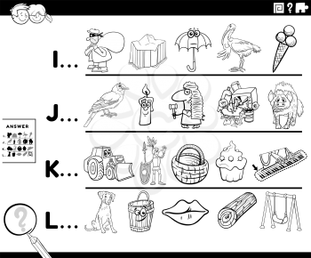 Black and white cartoon illustration of finding pictures starting with referred letter educational task worksheet for preschool or elementary school children with funny characters and objects coloring book page
