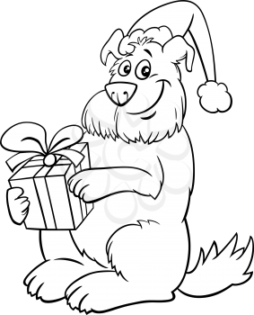 Black and white cartoon illustration of dog animal character with present on Christmas time coloring book page