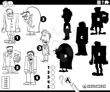 Black and white cartoon illustration of finding the right shadows to the pictures educational game for children with zombies Halloween characters coloring book page