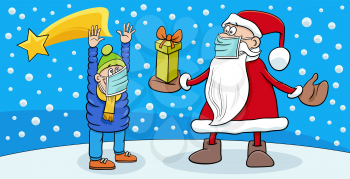 Greeting card cartoon illustration of Santa Claus character giving a present to a boy on Christmas time