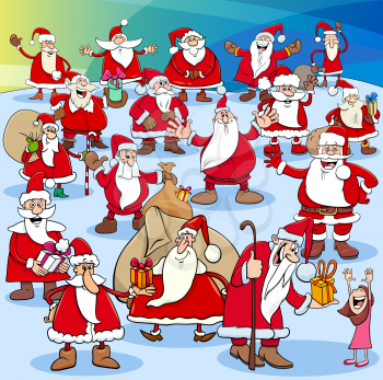 Cartoon illustration of Santa Claus comic characters big group on Christmas time