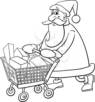 Black and white cartoon illustration of happy Santa Claus character shopping with cart on Christmas time coloring book page