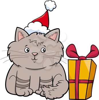 Cartoon illustration of cat or kitten animal character with present on Christmas time