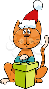 Cartoon illustration of cat animal character with gift on Christmas time