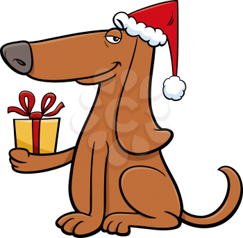 Cartoon illustration of dog animal character with present on Christmas time