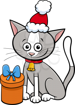 Cartoon illustration of cat animal character with bell and gift on Christmas time