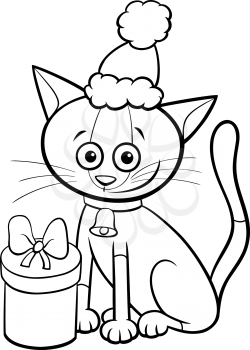 Black and white cartoon illustration of cat animal character with bell and gift on Christmas time coloring book page