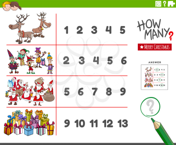 Cartoon illustration of educational counting activity for children with Christmas holiday characters