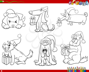 Black and white cartoon illustration of dogs animal characters on Christmas Time set coloring book page