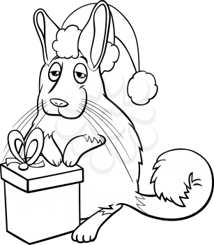 Black and white cartoon illustration of viscacha animal character with present on Christmas time coloring book page