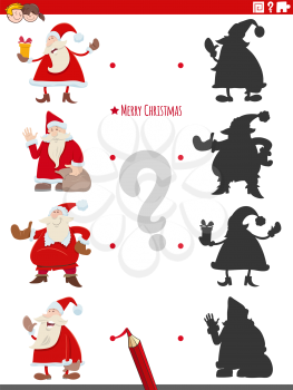 Cartoon illustration of match the right shadows with pictures educational game with Santa Claus characters on Christmas time