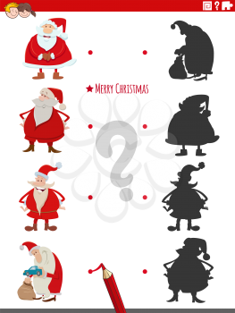 Cartoon illustration of match the right shadows with pictures educational task with Santa Claus characters on Christmas time