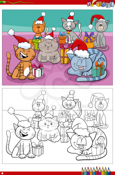 Cartoon illustration of cats characters with presents on Christmas time coloring book page