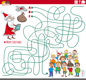 Cartoon illustration of lines maze puzzle game with Santa Claus character and children group on Christmas time