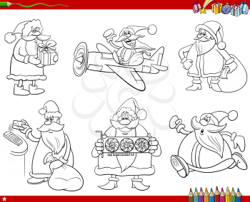 Black and white illustration of cartoon Santa Claus Christmas characters set coloring book page