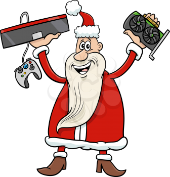 Cartoon illustration of Santa Claus character with graphics card and game console on Christmas time