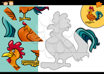 Cartoon Illustration of Education Jigsaw Puzzle Game for Preschool Children with Funny Rooster Farm Bird