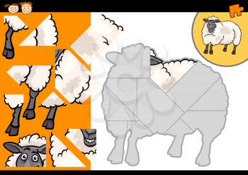 Cartoon Illustration of Education Jigsaw Puzzle Game for Preschool Children with Funny Sheep Farm Animal