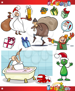 Cartoon Illustration of Santa Claus and Christmas Presents and Themes Set