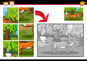 Cartoon Illustration of Education Jigsaw Puzzle Game for Preschool Children with Funny Fox Wild Animal