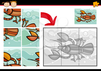 Cartoon Illustration of Education Jigsaw Puzzle Game for Preschool Children with Funny Crayfish or Crawfish Animal