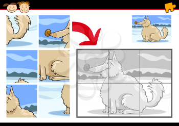Cartoon Illustration of Education Jigsaw Puzzle Game for Preschool Children with Funny Shaggy Dog