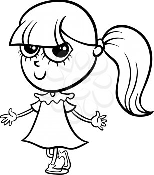 Black and White Cartoon Illustration of Cute Cheerful Little Girl for Coloring Book
