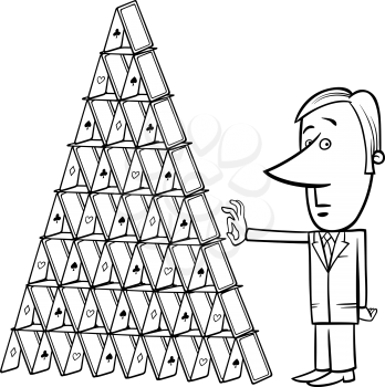 Black and White Concept Cartoon Illustration of Man or Businessman going to Destroy a House of Cards