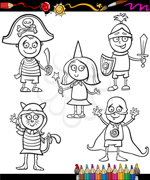 Coloring Book or Page Cartoon Illustration Set of Black and White Cute Little Children Characters in Ball Costumes