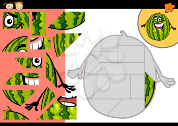 Cartoon Illustration of Education Jigsaw Puzzle Game for Preschool Children with Funny Watermelon Fruit Character