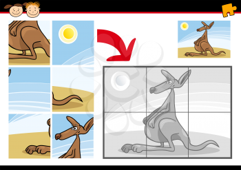 Cartoon Illustration of Education Jigsaw Puzzle Game for Preschool Children with Funny Kangaroo Animal