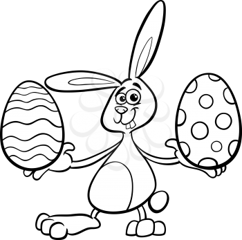 Black and White Cartoon Illustration of Funny Easter Bunny with Colored Eggs for Coloring Book