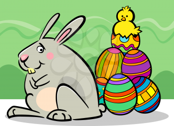 Cartoon Illustration of Funny Easter Bunny with Paschal Eggs and Little Chick