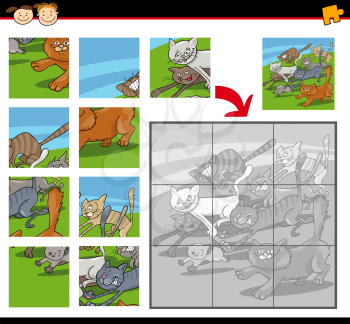 Cartoon Illustration of Education Jigsaw Puzzle Game for Preschool Children with Funny running Cats Group